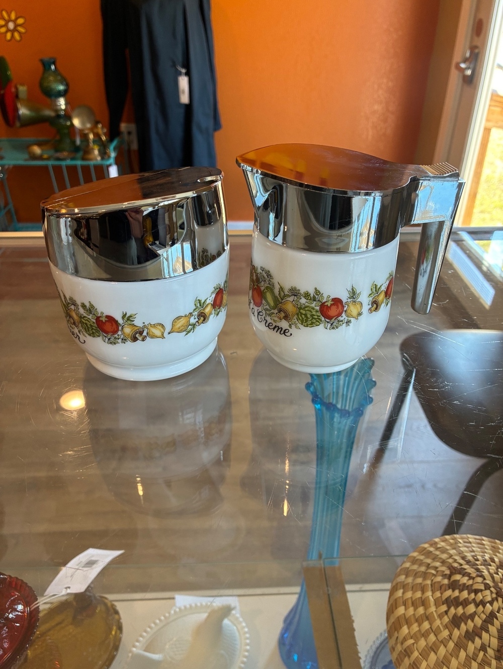 Vintage Gemco Spice of Life Cream & Sugar Set Milk Glass USA